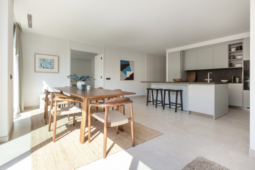 Open dining area with integrated kitchen