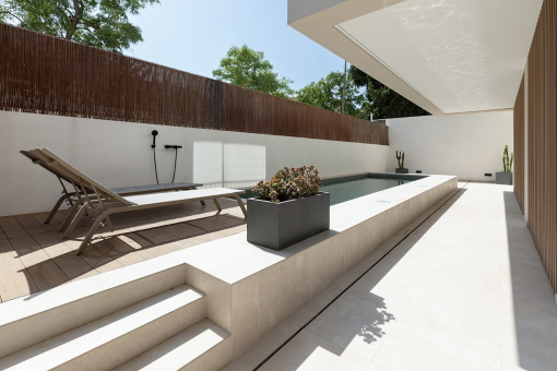 Communal pool with outdoor shower and loungers