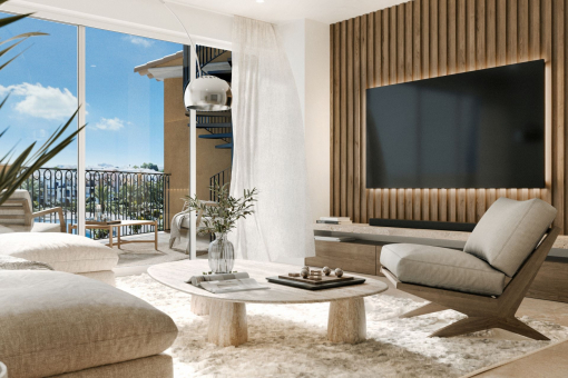 Wohnzimmer Dachgeschoss mit Treppe zur Dachterrasse