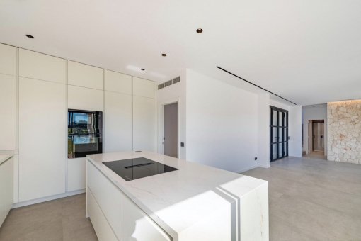 Küche mit Blick zum Abstellraum links und Eingangstür rechts