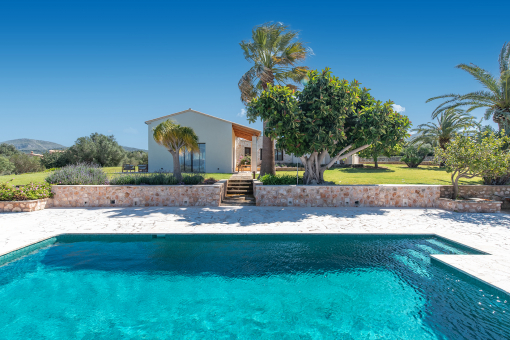 Amplia piscina de agua salada con terraza