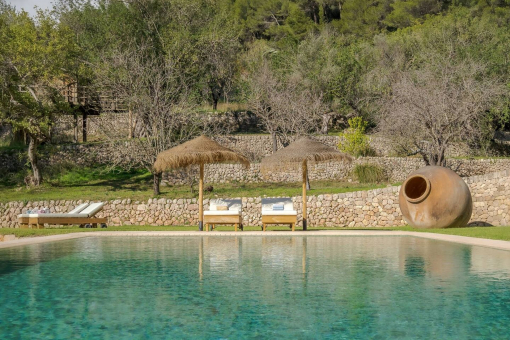 Piscina de agua salada y tumbonas cómodas en un entorno mediterráneo
