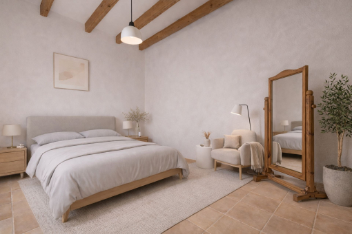 Render: Modern bedroom with an antique mirror