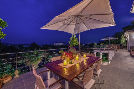 Outdoor dining area at night