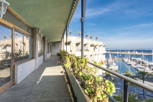 Long balcony with harbour views