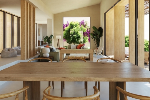 Light flooded and open living and dining area