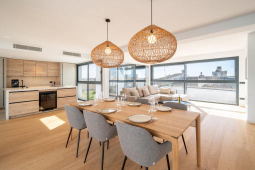 open living and dining area