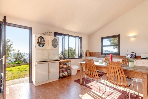 Kitchen and dining area with fireplace