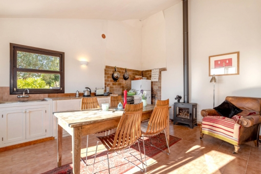 Kitchen and dining area with fireplace