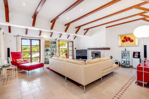 Bright living area with fireplace