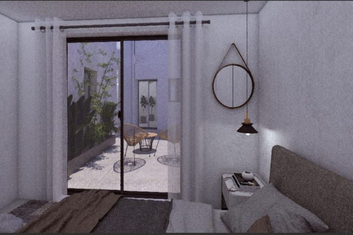 Schlafzimmer mit Blick in den Patio