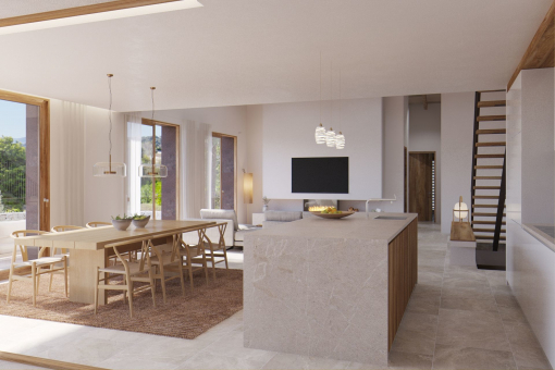 Living, dining and kitchen area