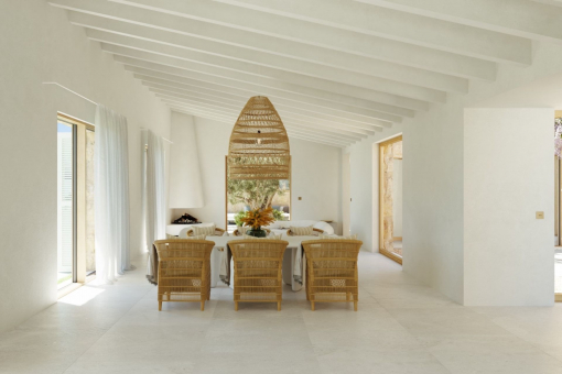 Dining area with wooden beams