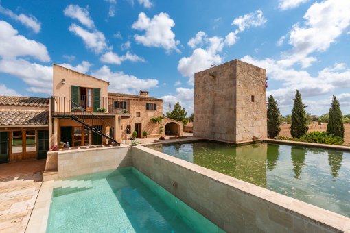 Moderner Pool mit Wasserreservoir dahinter