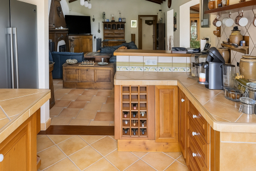 Kitchen with view into the living room
