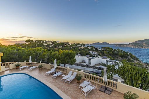 Pool area at sunset