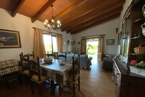 Dining room with wooden beams