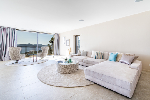 Bright living room with unique view