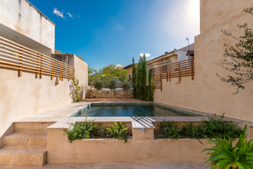 Peaceful Mediterranean patio with private pool and curated planting