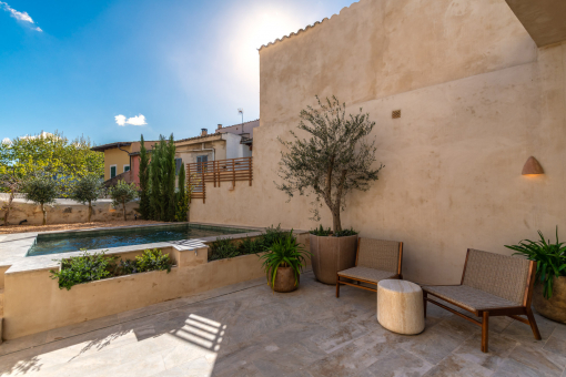 Peaceful Mediterranean patio with carefully selected, low-maintenance planting