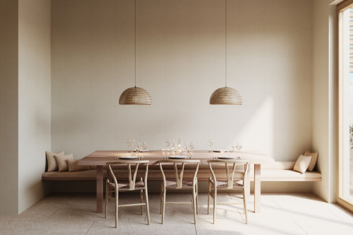 Stylish dining area with built-in bench and natural materials