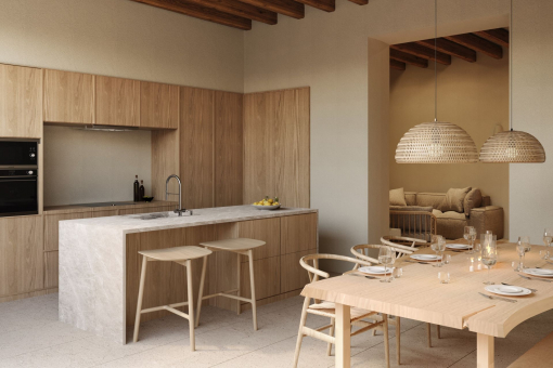Open-plan kitchen with stone island and view into the living room