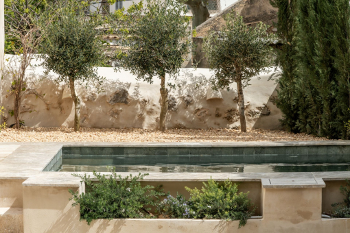 Peaceful Mediterranean patio with private pool and curated planting