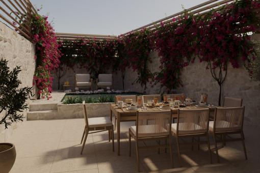 Mediterranean patio with pool and dining area – a private garden oasis