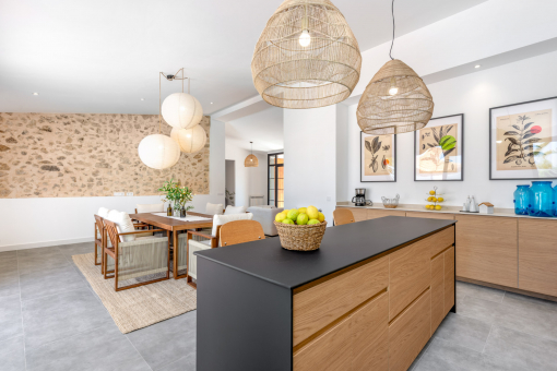 Stylish open kitchen and dining area with Mallorcan charm