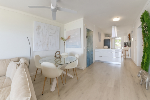 The dining area and kitchen