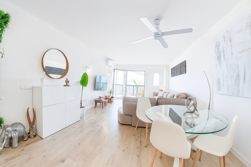 View into the dining and living area