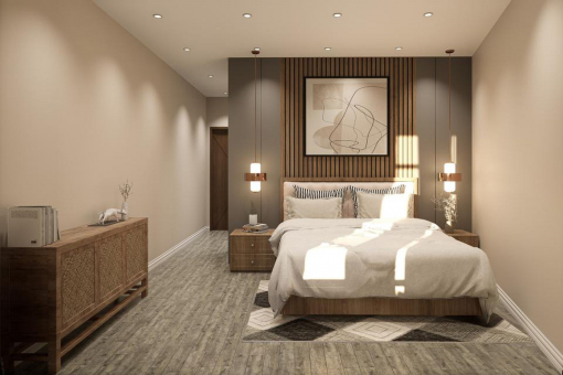 Double bedroom with warm wooden accents and stylish wall design