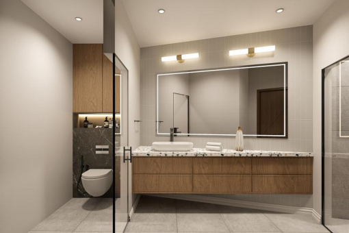 Modern bathroom with large mirror and wooden details