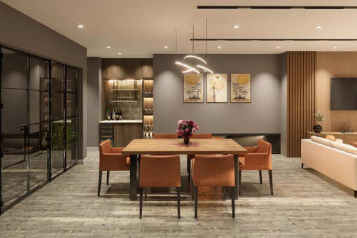 Open dining area with modern lighting and cozy atmosphere