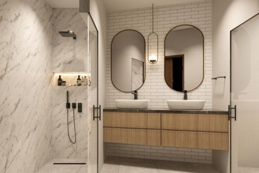 Luxurious bathroom with double sink and marble shower