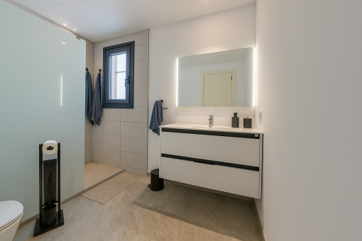 En-suite Badezimmer mit bodengleicher Dusche und beleuchtetem Spiegel