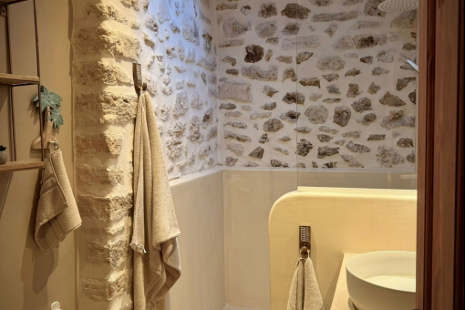 Bathroom with natural stone wall