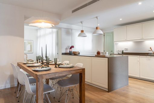 Open kitchen with dining area