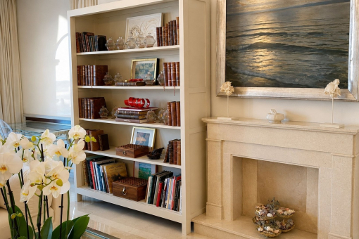 Library with fireplace