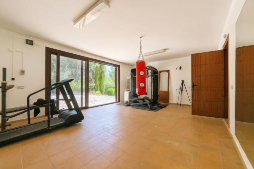 Gimnasio en casa con vista al jardín