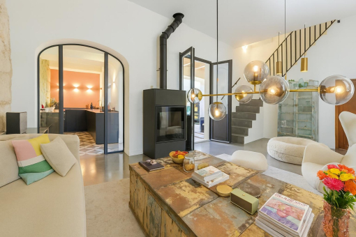 Modern living room with open kitchen