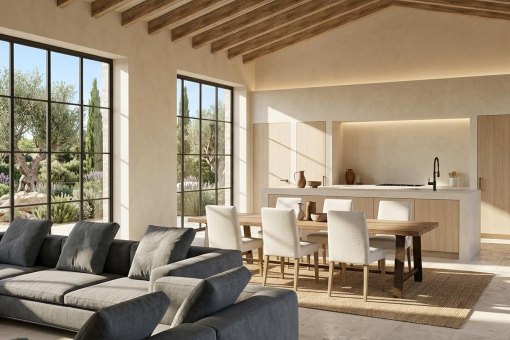 Render del salón con cocina abierta  