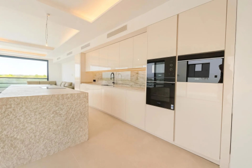 Modern designer kitchen with natural stone island