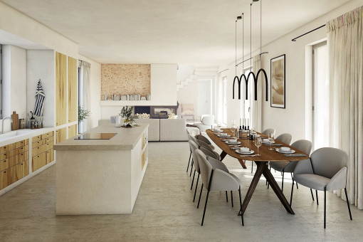 Open-plan kitchen with dining area