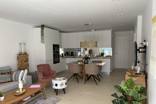 Open kitchen, dining and living area