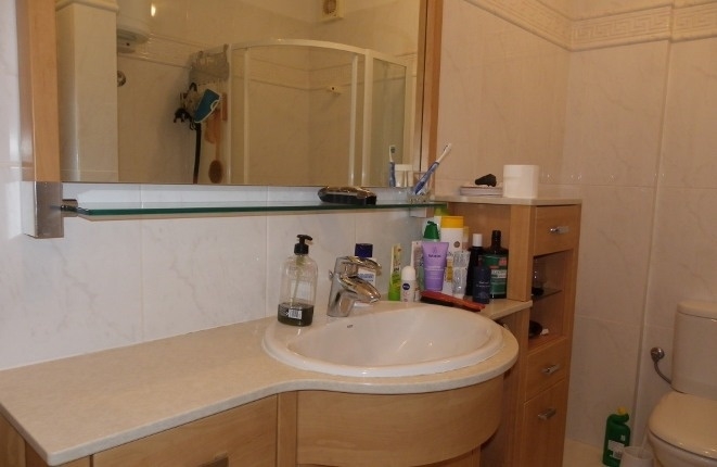  Guest bathroom with large mirror, shower and cabinet 
