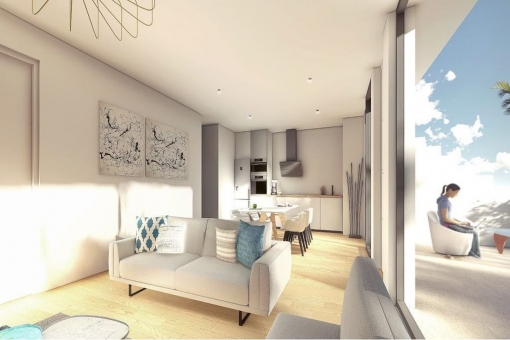 Light-flooded living and dining area